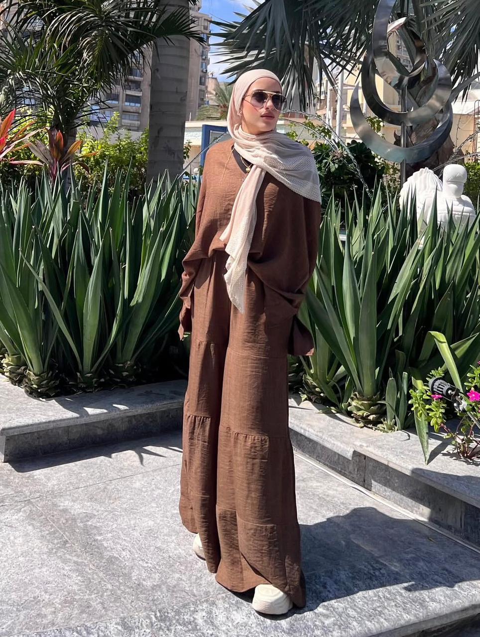 Rowanza Abaya Collection - Brown Linen Maxi Dress